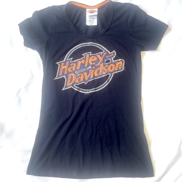 Harley Davidson’s women’s navy embellished short sleeve T-shirt Sz Medium - Picture 1 of 3